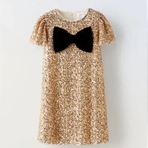 ZARA Girls Gold Sequin Dress w/ Black Velvet Bow | Size 13–14 (164)